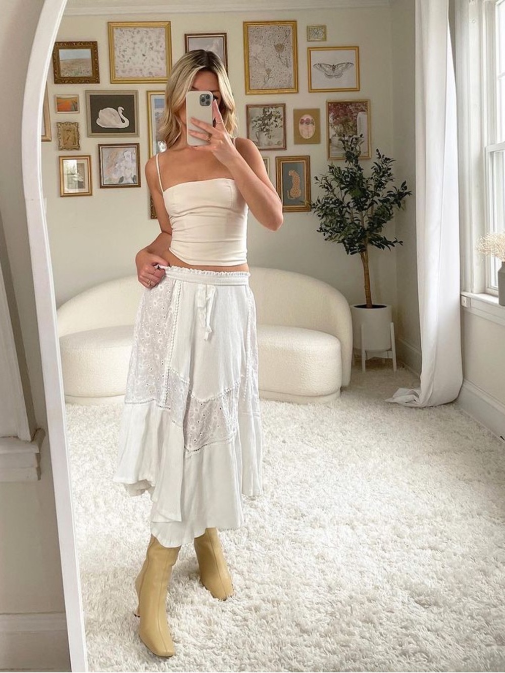 Eyelet Contrast Detail Long Skirt, Cream, Large, Excellent Condition Like New